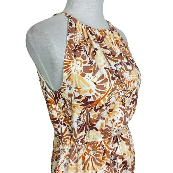 Joie | Orange & Brown Floral Print Halter Neck Sleeveless High Waist Maxi Dress - Picture 3 of 8